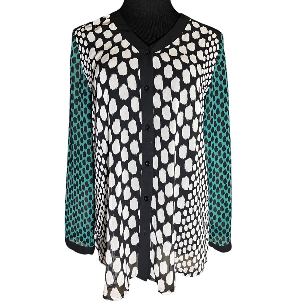 Chico’s Women’s Sheer Blocked Dots Kit Long Sleeve Button Down Shirt